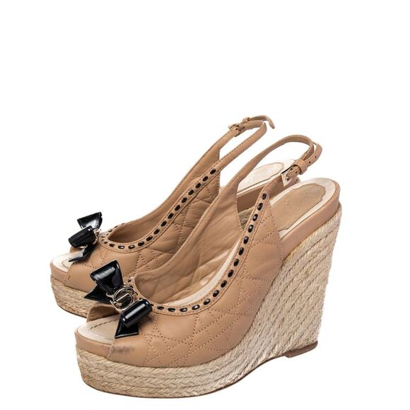 Dior Beige/Black Quilted And Patent Leather Platform Sandals Size 37 - Picture 4 of 4